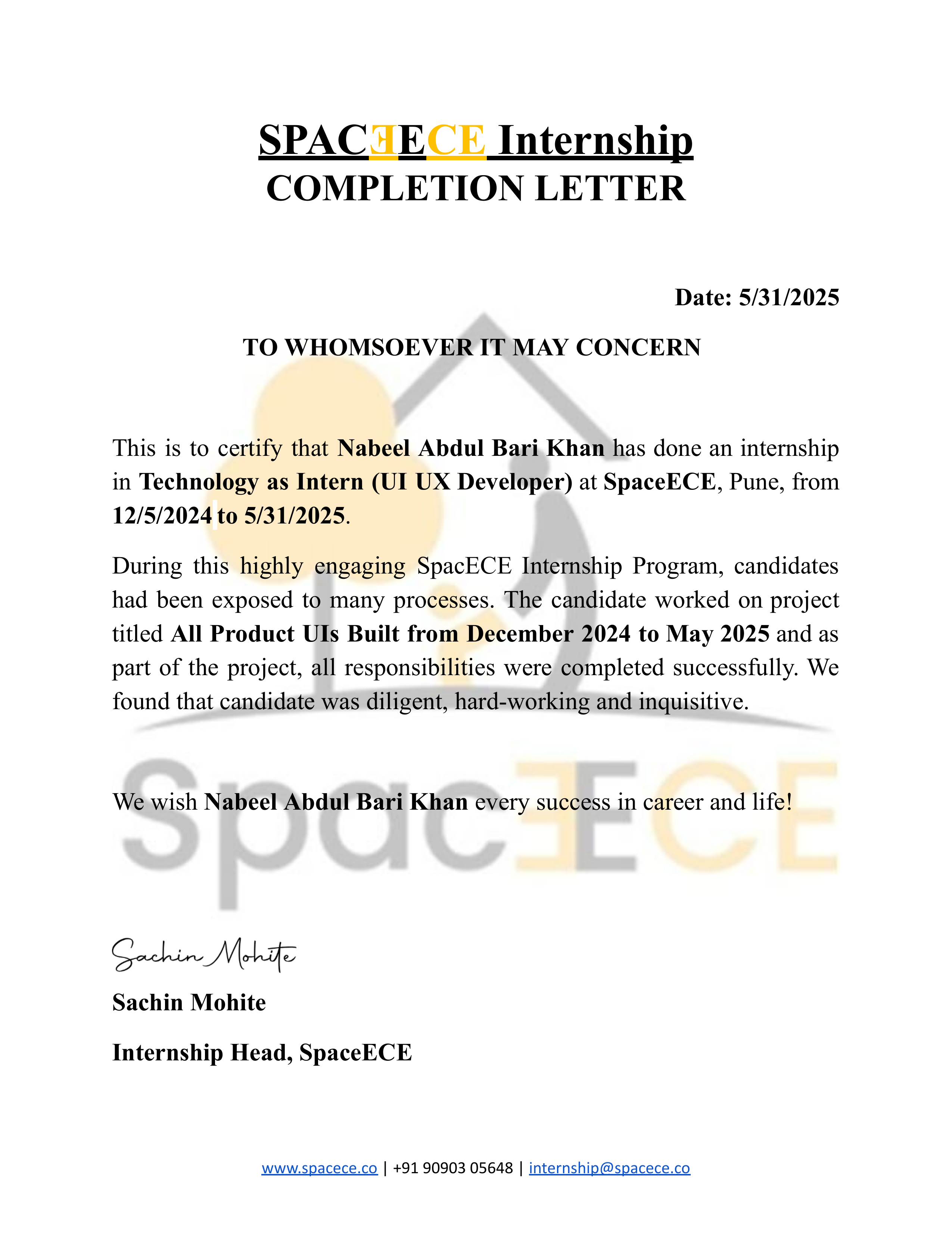 Space ECE Intenship Certificate